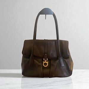 SALVATORE FERRAGAMO Black Leather Gancini Satchel Flap Bowler Bag Italy